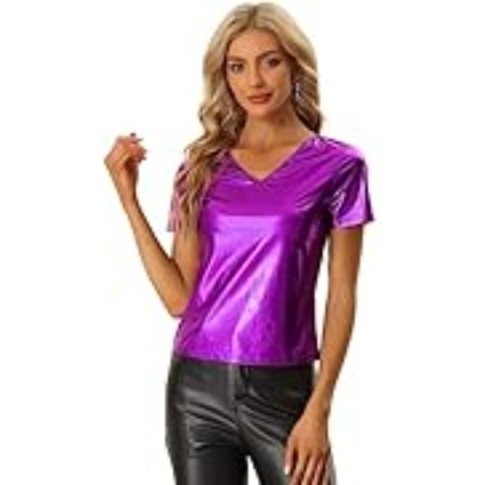 Allegra K Womens Metallic Purple V Neck Short Sleeve Shiny‎ Party Top Small NWT